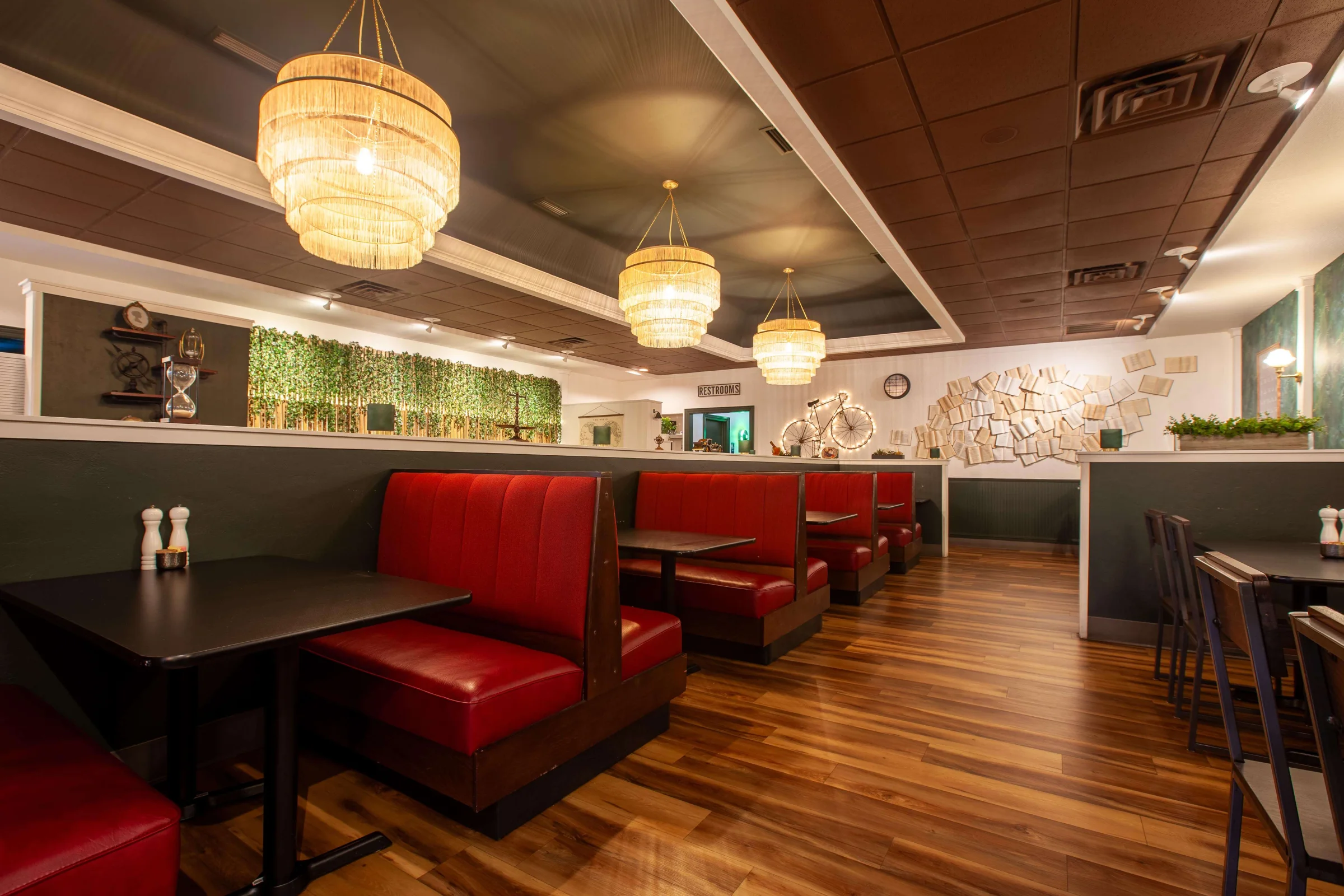 Woven chandeliers over the dining room